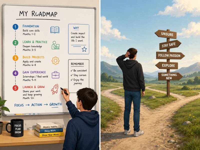 Split image showing a student with a clear career roadmap on a whiteboard versus someone at a career crossroads — career counselling bridges the gap