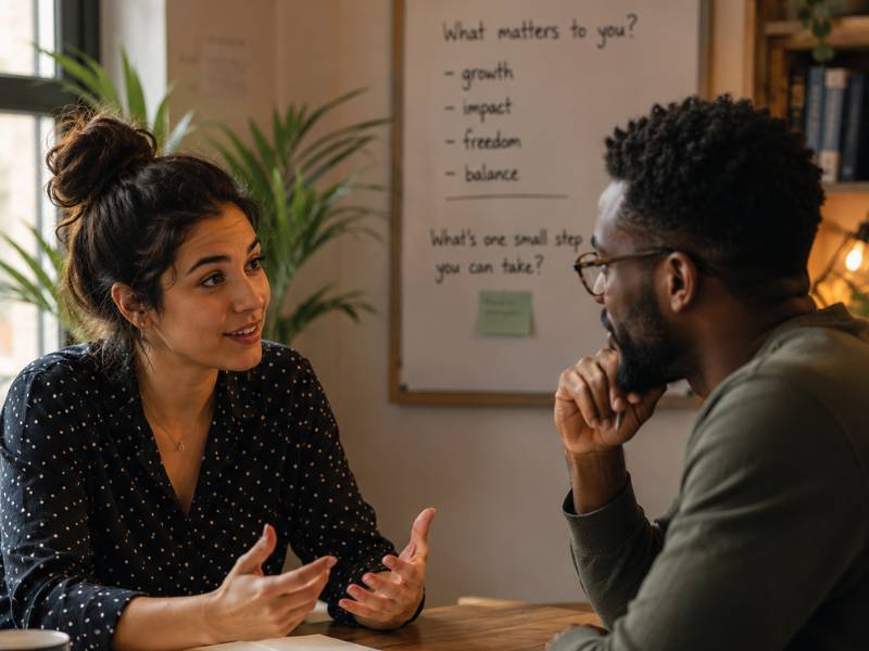 One-on-one career counselling session — two people in conversation across a table, representing the Lyfe Path 1:1 debrief process