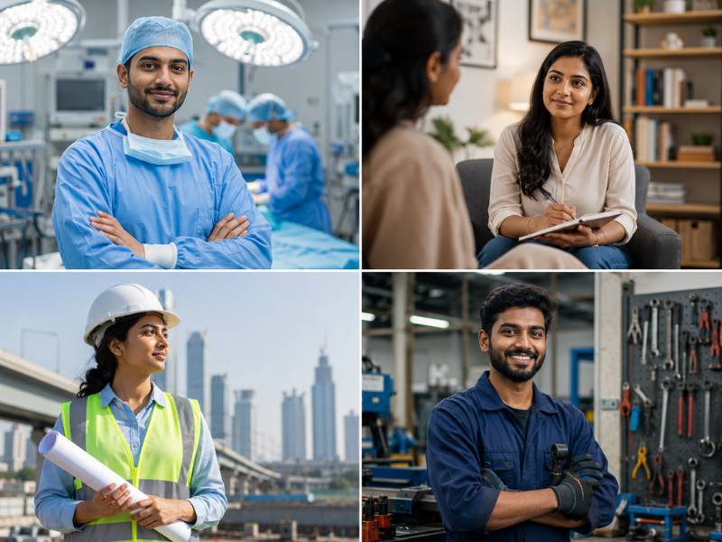 Collage of AI-safe career professionals — surgeon, therapist, civil engineer, skilled trades worker — diverse Indian faces, modern setting