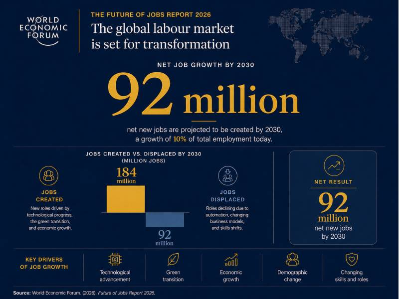 Data visualisation showing WEF's 78 million net jobs figure for 2030 — 170 million created, 92 million displaced