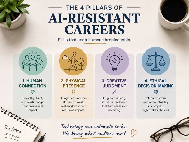 Infographic showing the 4 pillars of AI-resistant careers — human connection, physical presence, creative judgment, ethical decision-making