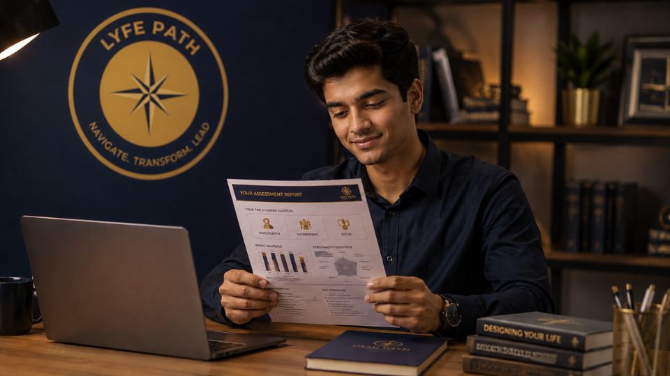 A student reviewing a career assessment report at a desk, considering whether career counselling is worth the investment