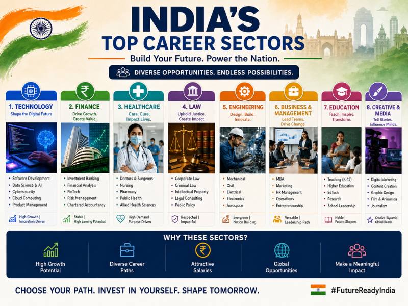 India's top career sectors in 2026 — technology, finance, medicine, law and consulting