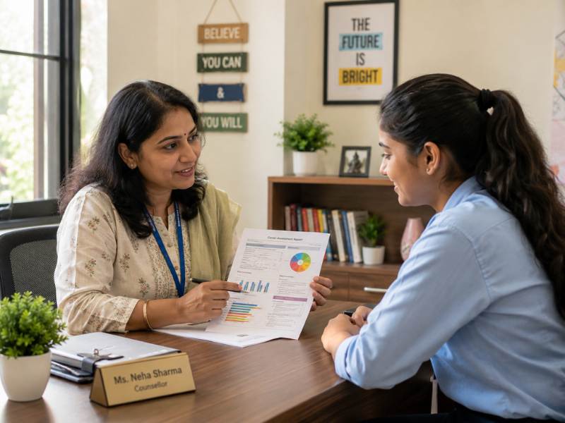 Career counsellor and arts student reviewing psychometric assessment results together — Lyfe Path career guidance India