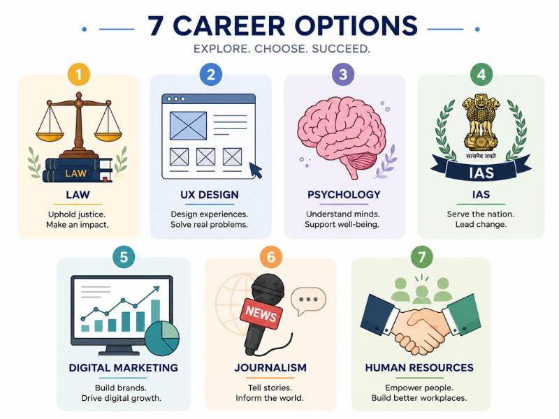 Seven high-paying career paths for arts and humanities students India 2026 — law UX psychology civil services digital marketing journalism HR