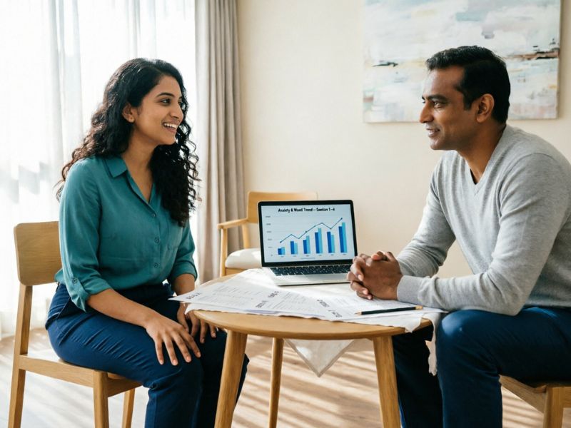 Career counsellor and client reviewing a psychometric assessment report together during a first career counseling session