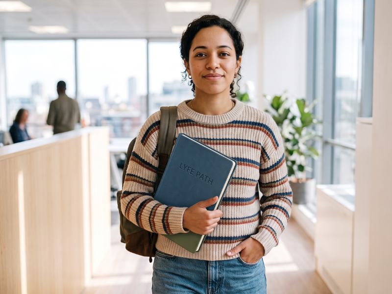 Student leaving a career counselling session with a clear career roadmap