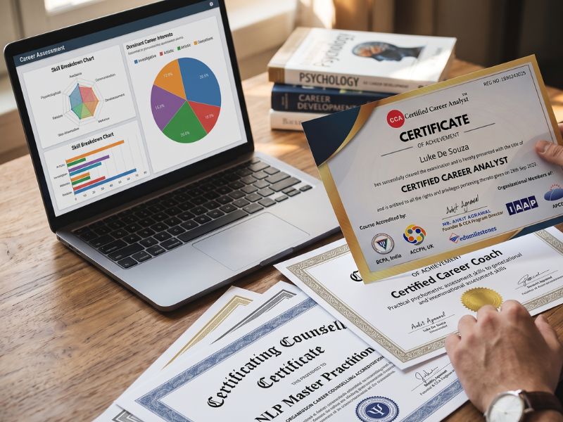 Career counselling certificates including Certified Career Analyst and Certified Career Coach, alongside a psychometric assessment dashboard