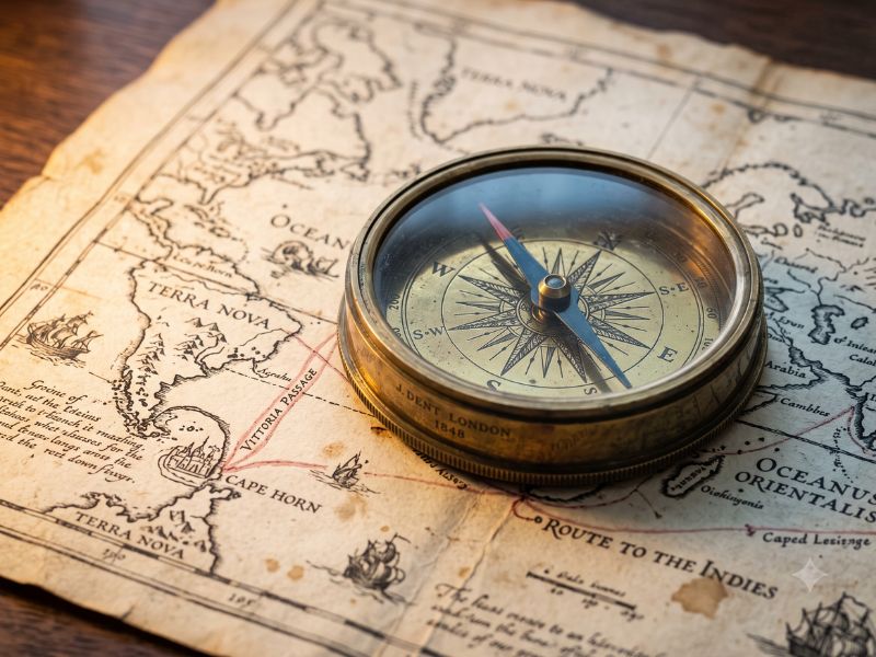 Compass settled on a map, symbolising finding career direction with the right counsellor
