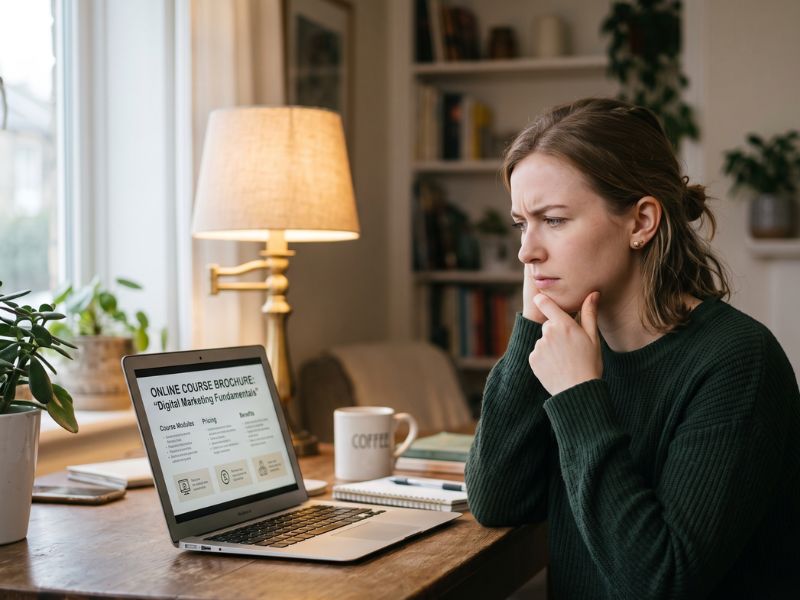 Woman reviewing a career counselling brochure with a skeptical expression, spotting red flags