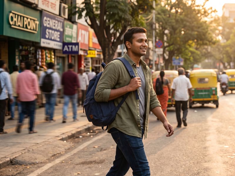 Young Indian adult walking confidently after career guidance clarity