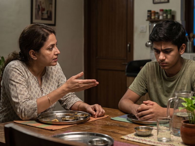 Indian parent and teenager discussing career choices at home
